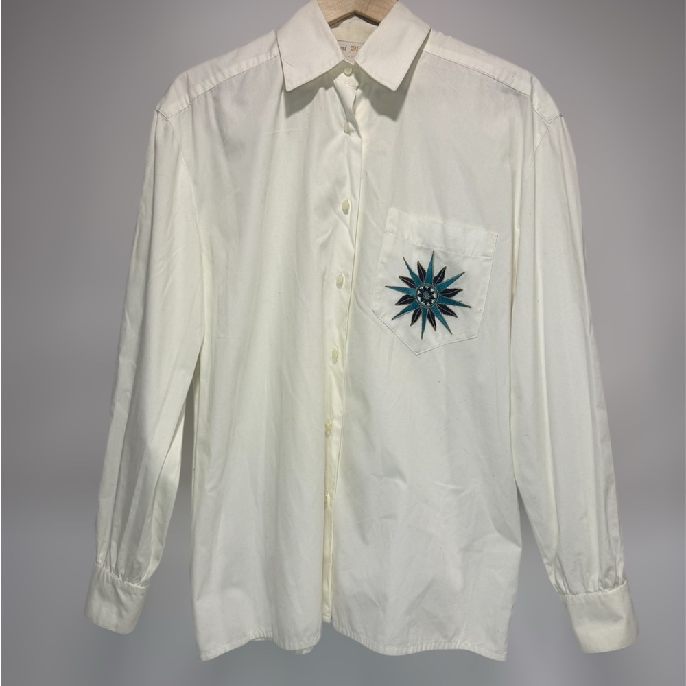 Vintage Roni Blanshay Montreal White Button Down Shirt with Embroidered Detail